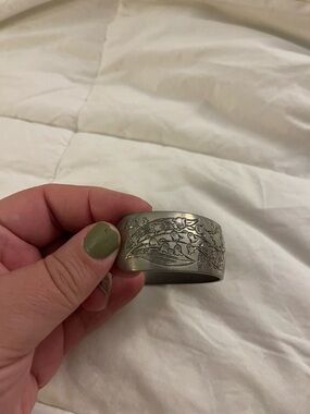 Vintage Kirk Pewter Floral Engraved Cuff Bracelet - May, Lilly Of The Valley
